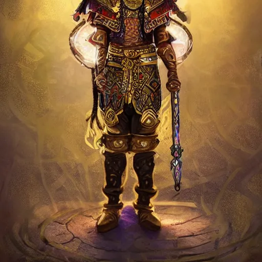 Image similar to a young black boy dressed like an african moorish warrior in gold armor and a crown with a ruby, and a very ornate glowing staff, for honor character digital illustration portrait design, by android jones in a psychedelic fantasy style, dramatic lighting, hero pose, wide angle dynamic portrait