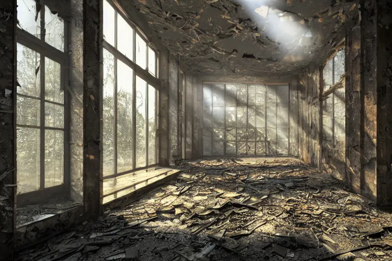 Image similar to ruined, abandoned russian research facility, seen from inside. Diffused light falls through the broken windows. Dirt, leaves on ground. Unreal Engine. Substance painter. Zbrush. Trending on artstation. 8K. Highly detailed.