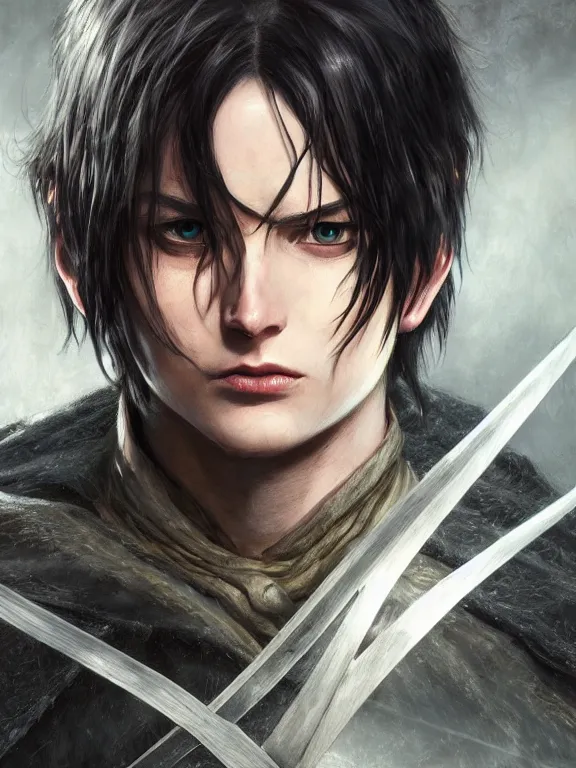 Image similar to levi ackerman, the lord of the rings, hyper detailed,, 8 k realistic, trending in artstation, digital painting, studio quality, cryengine, frostbite 3 engine, character design, smooth, sharp focus, art by artgerm and greg rutkowski and alphonse mucha and ian sprigger and wlop and krenz cushart