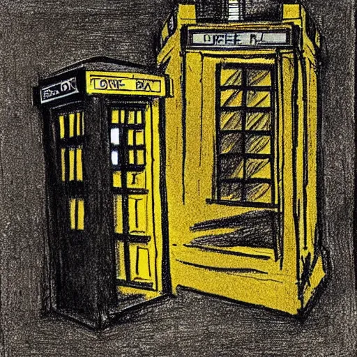 Prompt: neat sketch of Tardis, umbra, pastel, coal, yellow parchment by Rembrandt,