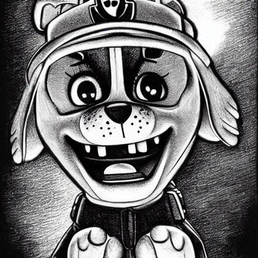 Image similar to Extremely detailed drawing of Paw Patrol, Stephen Gammell style, Scary Stories, hyperrealistic, horror