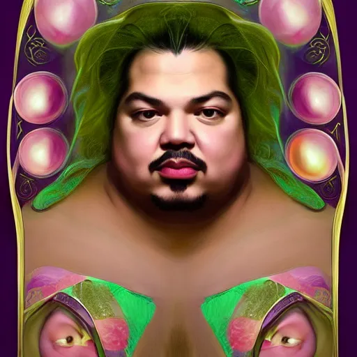 Image similar to dream portrait of GreekGodX dreamy and ethereal, expressive pose, big pink eyes, exciting expression, fantasy, intricate, elegant, many rainbow bubbles, rose tones, highly detailed, digital painting, artstation, concept art,cyberpunk wearing, smooth, sharp focus, illustration, art by artgerm and greg rutkowskiand alphonse mucha,Salvador Dali.