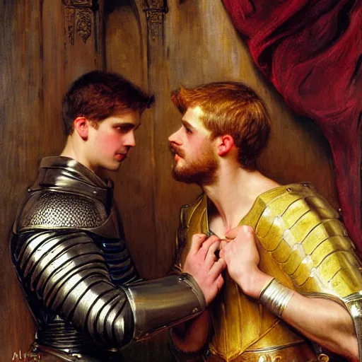 Image similar to attractive fully clothed arthur pendragon confesses his love for his attractive fully clothed male knight. highly detailed painting by gaston bussiere and j. c. leyendecker 8 k