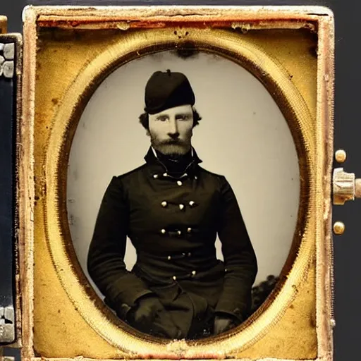 Prompt: A daguerreotype of Robert Llewellyn dressed in 19th century military uniform, regal, refined, highly detailed