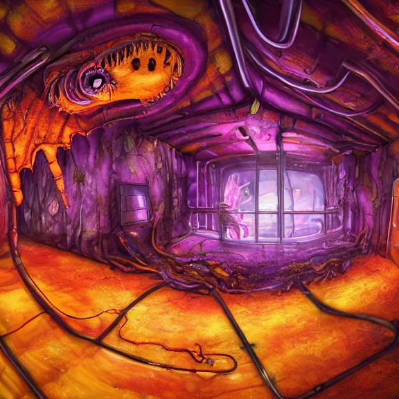 Image similar to detailed shot of inside a cavernous living stomach of a giant hot robot dragon, the walls purple and pulsing, lots of acid pooling up on the floor, digesting and dissolving a human that ended up inside, food pov, micro pov, vore, digital art, furry art, high quality, 8k 3D realistic, macro art, micro art, Furaffinity, Deviantart, Eka's Portal, G6