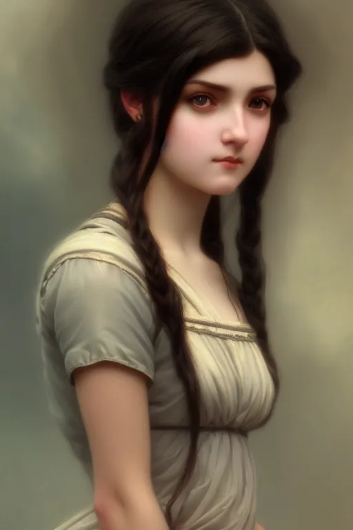 Prompt: a portrait of a beautiful dark hair waif girl, bored, illustration, soft lighting, soft details, painting oil on canvas by Edmund Blair Leighton and Charlie Bowater octane render trending on artstation, 4k, 8k, HD