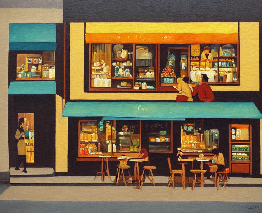 Image similar to a serene painting of a street - side coffee shop