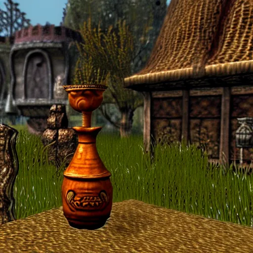 Image similar to garfield drinking from a vase in morrowind, retro pc graphics, video game screenshot