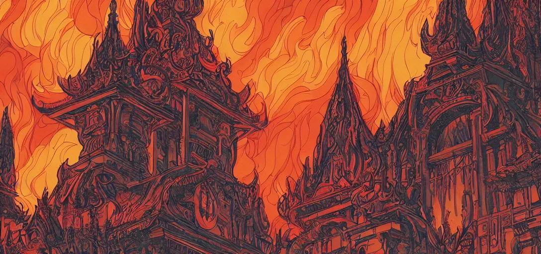 Prompt: Temple wearing flame fire smoke, art nouveau, wide angle shallow depth of field, in the graphic style of Patrick Gleason, detailed art, trending on Artstation, sharp focus, comic art