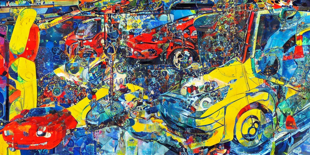 Image similar to car wash, big chain, collage, acrylic on canvas, expressionism movement, breathtaking detailed, by blake neubert