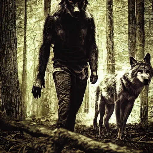 Image similar to human wolf werecreature, photograph captured at woodland creek