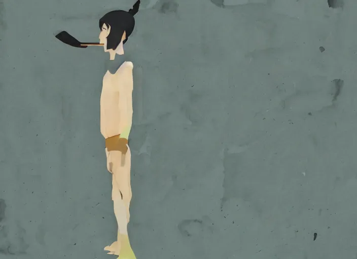 Prompt: naturalistic portrait of a simple warrior, representational earth tones, stunning clarity experimental cut paper mixed media blotchy character shape design by masaaki yuasa, pleasing palette watercolor masterpiece