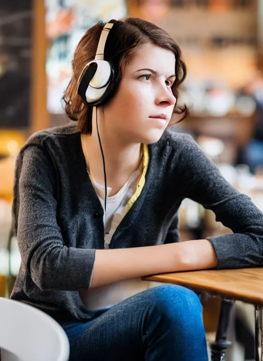 Prompt: young adult woman in a coffee shop wearing headphones looking bored, natural light, magazine photo, 5 0 mm lens