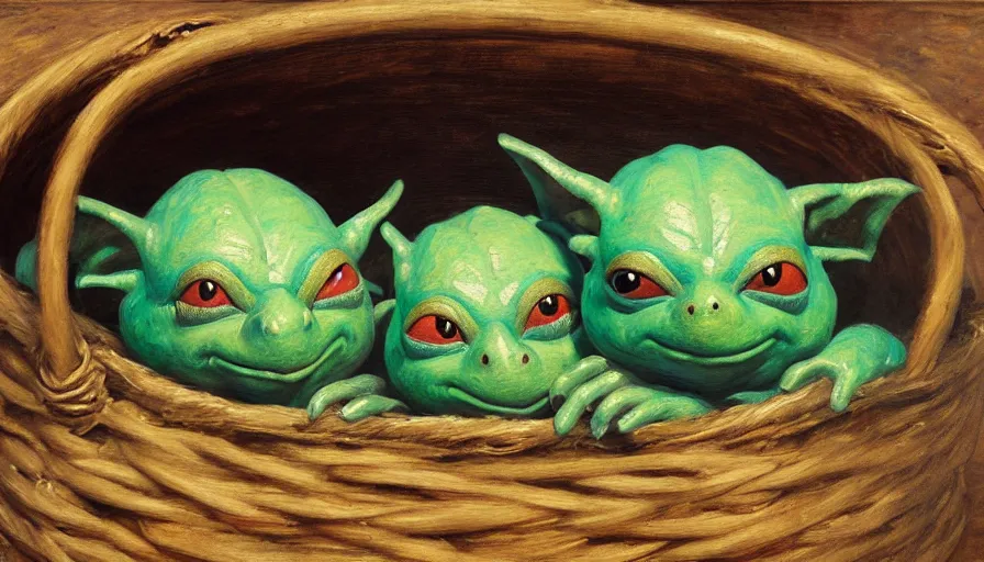 Image similar to highly detailed painting of boglins cuddling up in a basket by william turner, thick brush strokes and visible paint layers, 4 k resolution