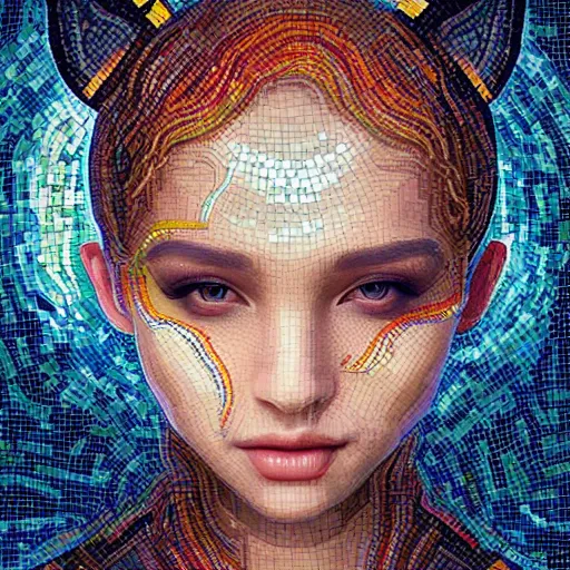 Prompt: mosaic portrait of a beautiful young girl with robot ears falling into the sun by Ross Tran, 4k, intricate details