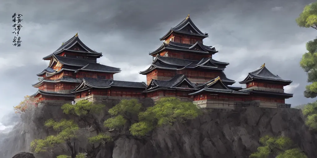 Image similar to A beautiful, perfect, impressive, amazing concept art digital CG painting of a japanese castle, trending on ArtStation, Unreal Engine