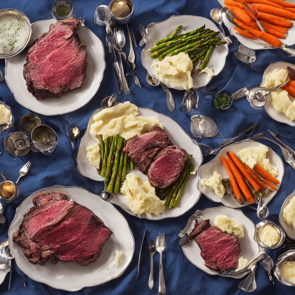 Image similar to product shot of a dinner with prime rib, asparagus, mashed potatoes and gravy, and steamed carrots with blue table cloth and lit candles in ornate silver candlesticks, ultra - realistic, photo realism, professional photograph, extreme detail, deep focus, laser sharp, volumetric lighting, atmospheric, five - star, luxury, elite