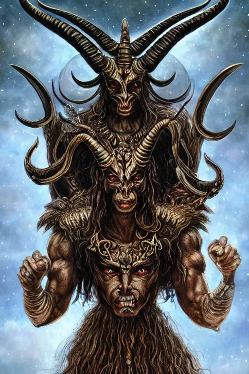 Prompt: full body concept art of baphomet wearing viking helm made with porcelain by Jeff Easley and Peter Elson + beautiful eyes, beautiful face + symmetry face + galaxy + gothic, surreal, dread + highly detailed, intricate complexity, epic composition, magical atmosphere + masterpiece, award winning + trending on artstation