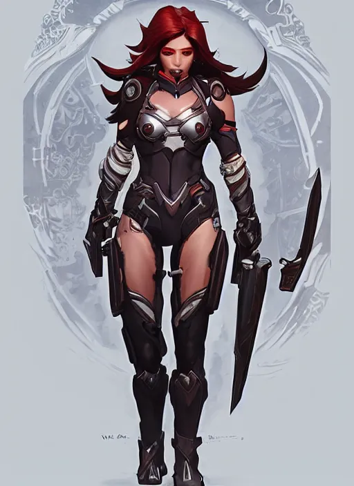 Image similar to beautiful new character for overwatch, character concept art, full body armor, dual wielding swords, super powers, long red hair, symmetry, intricate design, shiny, highly detailed, hd, dramatic lighting, art by artgerm and greg rutkowski