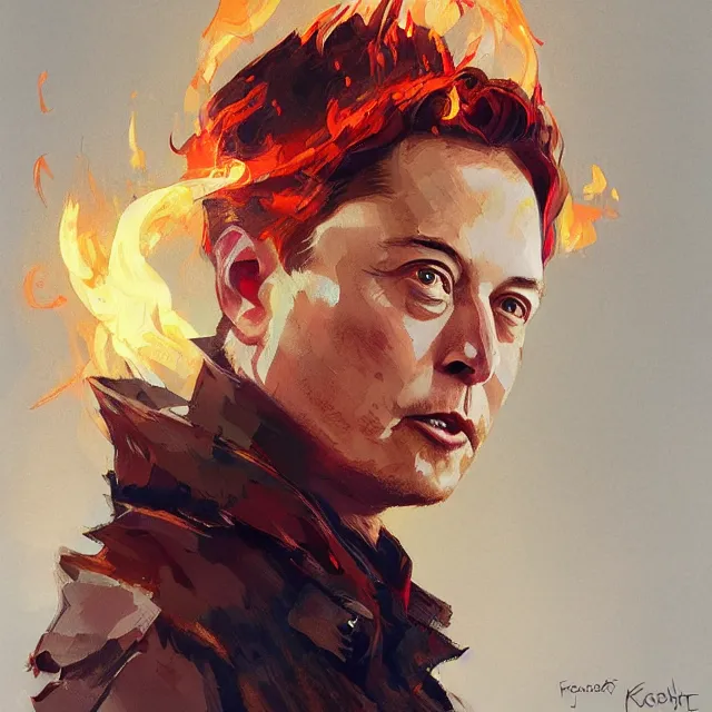 Image similar to Elon Musk as a firebender, portrait, elegant, intricate, digital painting, artstation, concept art, smooth, sharp focus, illustration, art by konstantin korovin and Daniel F. Gerhartz and john howe