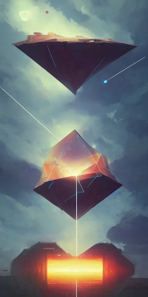 Image similar to greg rutkowski, beeple, a painting by ralph mcquarrie of floating molecules and icosahedron with stars, clouds, and rainbows in the background, trending on artstation, masterpiece, incredible details