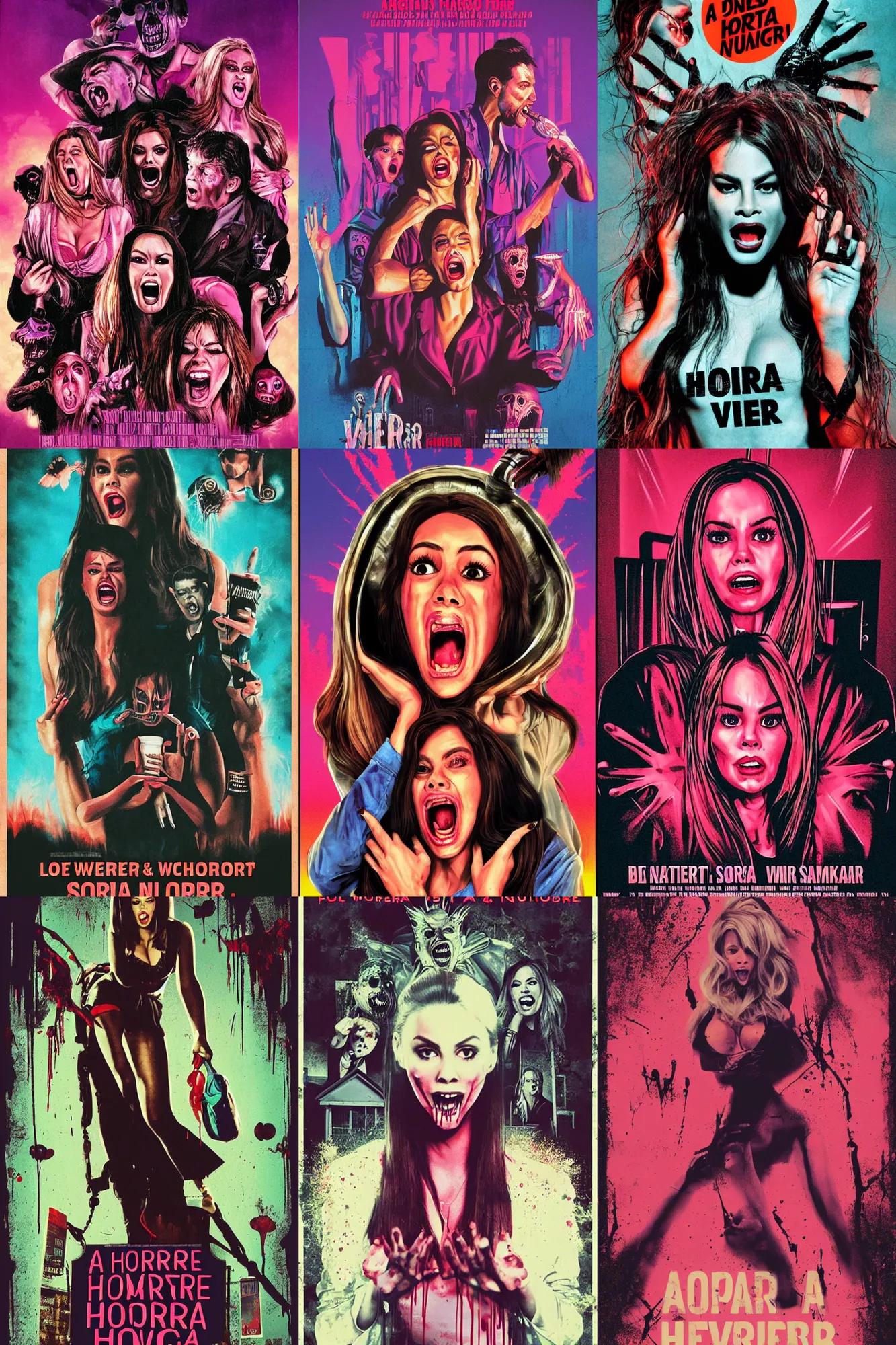 Prompt: a horror movie poster, staring Sofía Vergara screaming, neighborhood themed, synthwave, cyberwave, by Sam Werczler and Matthew Skiff