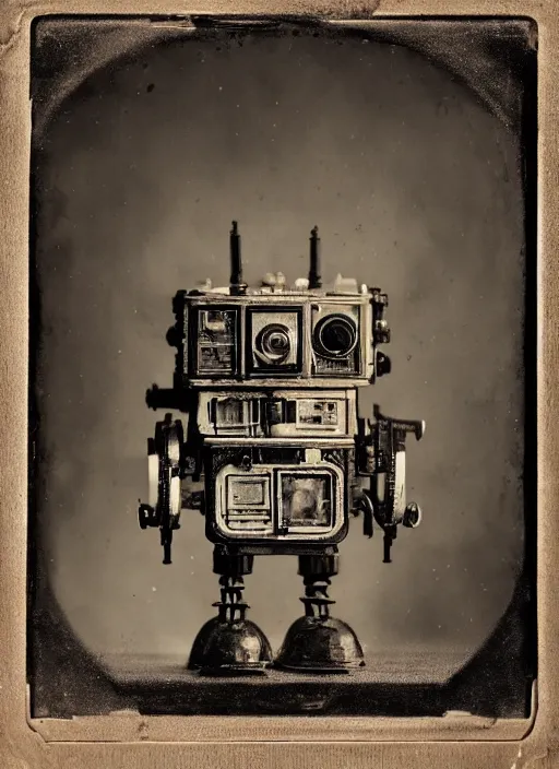 Image similar to old wetplate daguerreotype portrait of futuristic cute little robot, dubbel negative exposure, explosion of data fragments, fractal, intricate, elegant, highly detailed, parallax, leica, medium format, subsurface scattering, by jheronimus bosch and greg rutkowski and louis jacques mande daguerre