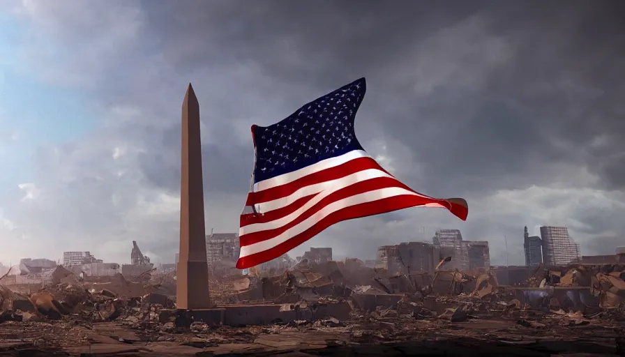 Image similar to us flag flying in the wind in destroyed washington dc city, hyperdetailed, artstation, cgsociety, 8 k