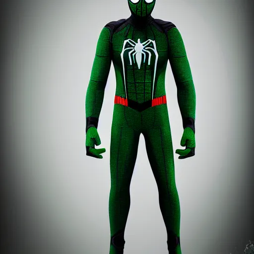 Image similar to green spider - man suit with black web lining, cinematic, volumetric lighting, realistic, hyperdetailed, photorealistic, photograph