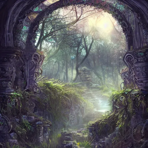 Image similar to ancient magical overgrown ruins, folkloric gates, mysetrious etherial mesmerizing eyes, extremely intricate, fantasy twilight lighting, hyper detailed, hd, masterpiece