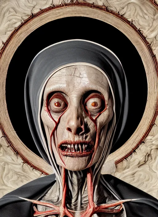 Image similar to demonic nun with translucent skin, visible muscles and veins and arteries and bones and spines and nerves, beautiful detailed intricate insanely detailed octane render, 8k artistic photography, photorealistic, chiaroscuro, by David Cronenberg, Raphael, Caravaggio