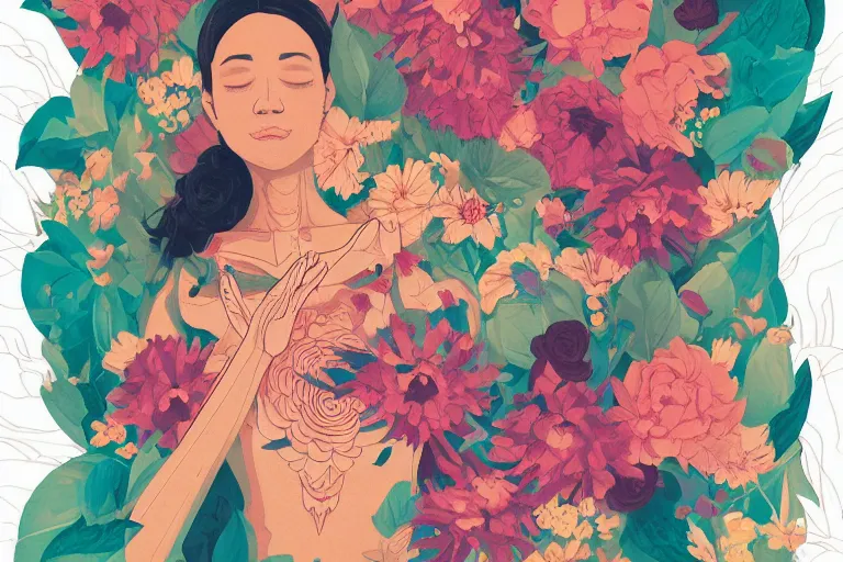 Image similar to a body doing yoga poses, top view, covered with flowers, art by Sachin Teng, beautiful lush colors