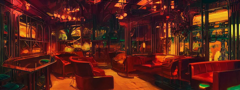 Image similar to concept art, crowded retro - futurist speakeasy, reflections, dark moody lighting, designer furniture, high ceiling, 6 0 s colour palette, beautiful plants, colourful flowers, syd mead, akihiko yoshida, cinematic