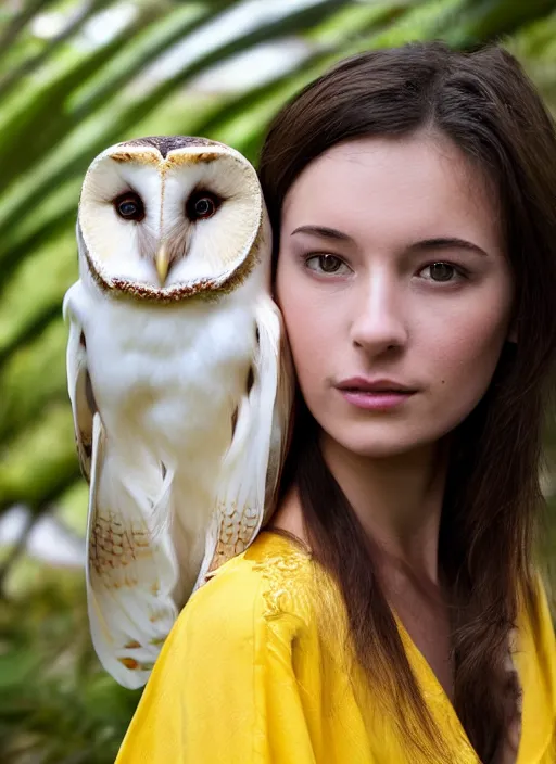 Prompt: portrait photograph of beautiful young female model, symmetric face, symmetric bright eyes, slight smile, natural light, wearing a yellow kimono with a very detailed barn owl on her shoulder!!! in a tropical greenhouse. Masterpiece!! looking at the camera!!. super resolution. Extremely detailed. .Medium format bokeh!!!. CG society