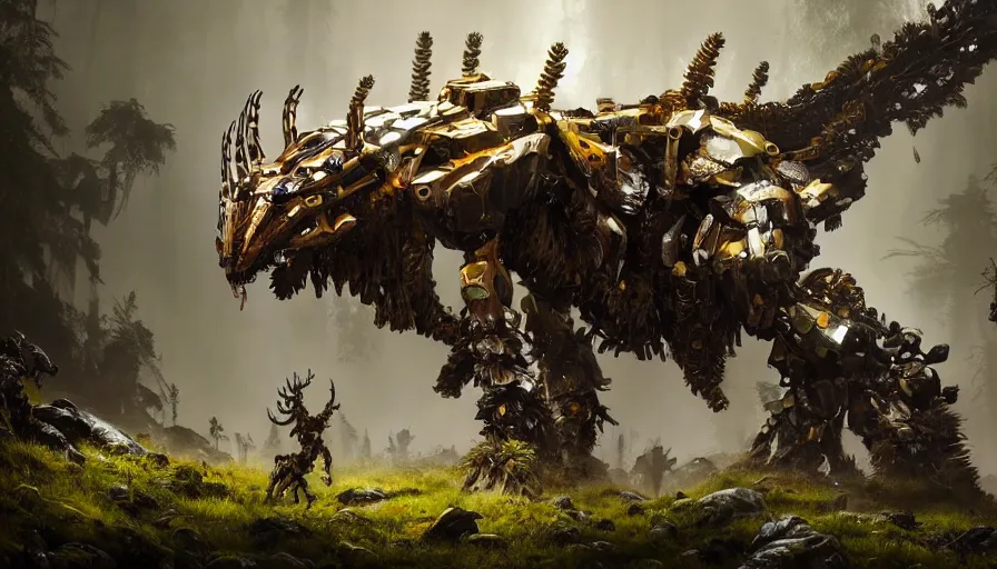 Image similar to walking animal mech covered in gold and silver armor with horizon zero dawn and elden ring aesthetic, covered in moss and birds, glowing lights, beautiful forests and trees, intricate detail, cinematic, dramatic lighting, art by darek zabrocki and John Park and Feng Zhu and Jason Chan, trending on artstation, masterpiece.