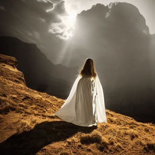 Prompt: 1 9 7 0's artistic spaghetti western movie, a woman in a giant billowy wide flowing waving dress made out of white smoke, standing inside a dark western beautiful rocky scenic landscape, volumetric lighting, backlit, moody, mercurial, atmospheric