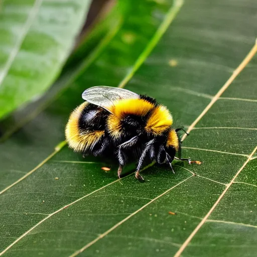 Prompt: A fluffy bumblebee resting atop a vivid green leaf with morning dew, XF IQ4, 150MP, 50mm, F1.4, ISO 200, 1/160s, natural light, Adobe Lightroom, photolab, Affinity Photo, PhotoDirector 365