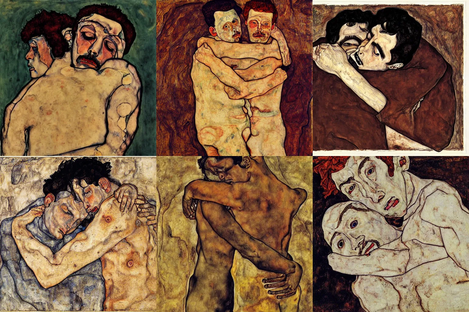 Prompt: Two men hugging, tears in their eyes, barren land, art by Egon Schiele