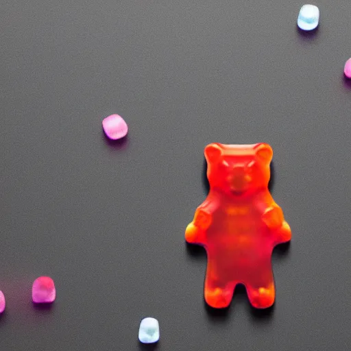 Prompt: gummy bear, micro details, 4 k, jumping in the air, one paw raised, caustics