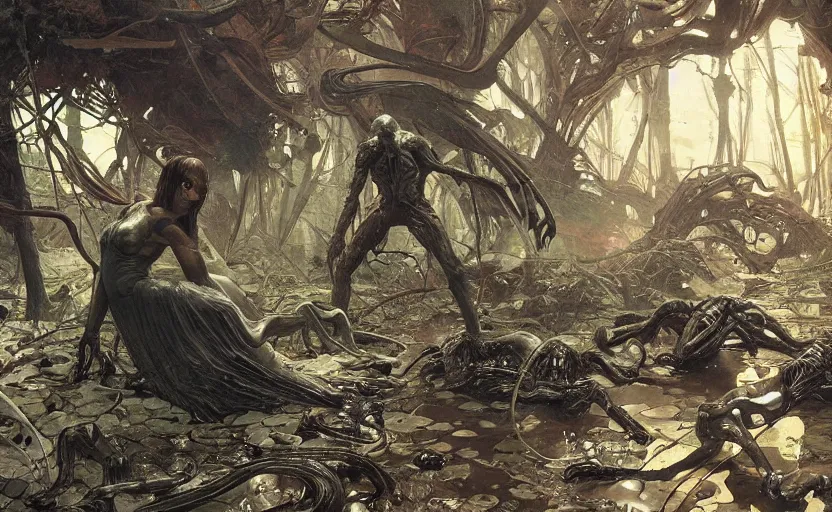 Image similar to digital painting of ovni crash swamp wasteland, alien body parts on the floor, elegant artwork by lee bermejo and greg rutkowski and alphonse mucha