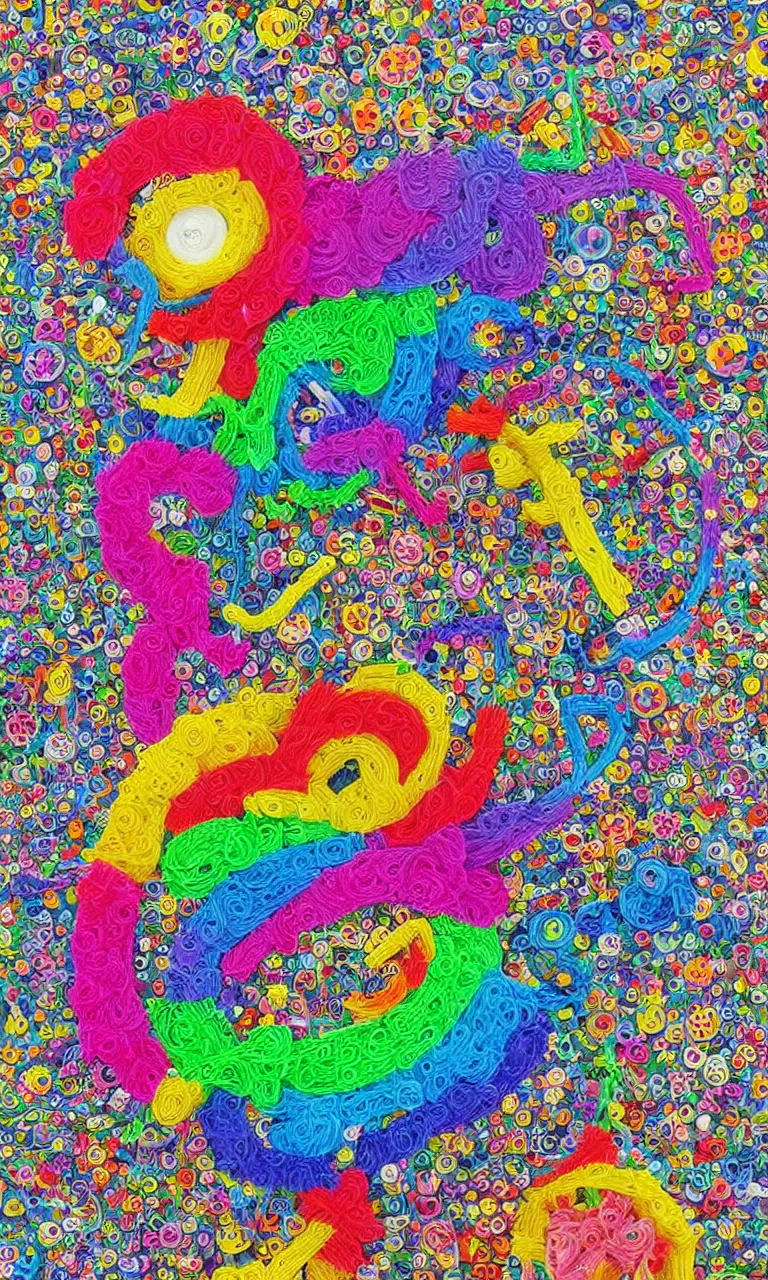 Image similar to an incredibly detailed masterpiece made out of pipecleaners of a I SPY puzzle by bosch and lisa frank, ornate, beautiful, rainbow colors, detailed, high resolution, wow!, intricate