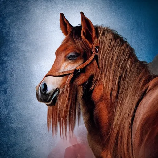 Image similar to a chimera of a man and a horse with a large red beard