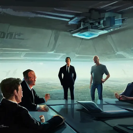 Image similar to illustration of a meeting between elon musk, mark zuckerberg, jeff bezos, very detailled, by artgem, greg rutkowski