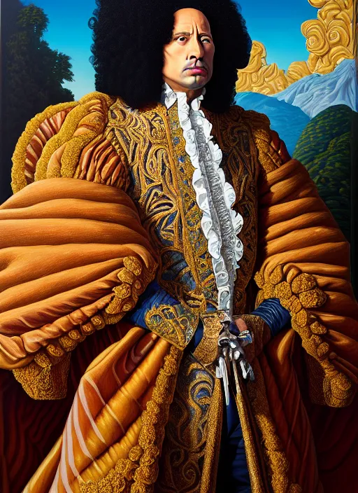 Image similar to beautiful oil painting, full length portrait of dwayne Johnson as Louis xiv in baroque coronation robes 1701, Dan Mumford , Dan Mumford, hyacinthe rigaurd , Alex grey, highly detailed , lsd visuals, dmt fractal patterns, visionary art, psychedelic art, ornate, vaporwave, baroque, Greg rutkowski