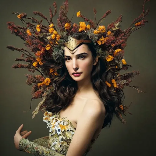 Prompt: fine art photo of the beauty gal gadot, she has a crown and a dress made of dried flowers done by oleg oprisco