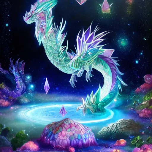 Image similar to a crystal dragon 🐉 , psychedelic, whimsical, 4k, beautiful, a crystal and flower, reflective pool, surrounded by gems, underneath the stars, rainbow fireflies, trending on patreon, deviantart, twitter, artstation, volumetric lighting, heavy contrast, art style of Greg Rutkowski and Miho Hirano and Ross Tran