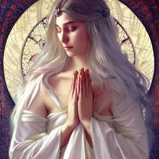 Prompt: god, white hair, long hair, hands spread out in prayer, intricate, elegant, ethereal, highly detailed, digital painting, artstation, concept art, smooth, sharp focus, illustration, art by artgerm and greg rutkowski and alphonse mucha