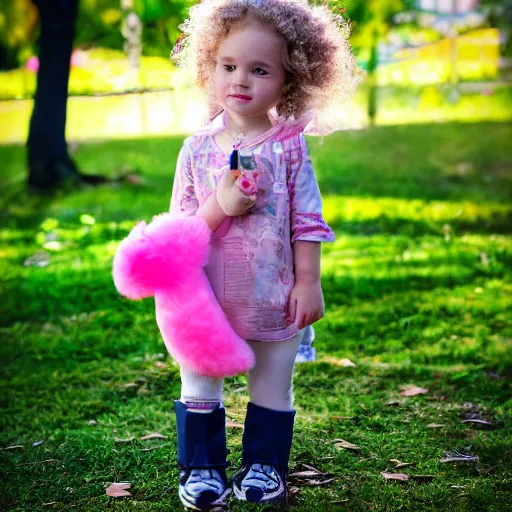 Prompt: a beautiful [[[[[happy]]]]] little blonde toddler girl with short loosely curly hair, at the park on a beautiful day, holding a round all-pink stuffed penguin, by Dan Mumford, Junji Murakami, Mucha Klimt, Hiroshi Yoshida and Craig Mullins, featured on Artstation, CGSociety, Behance HD, Deviantart