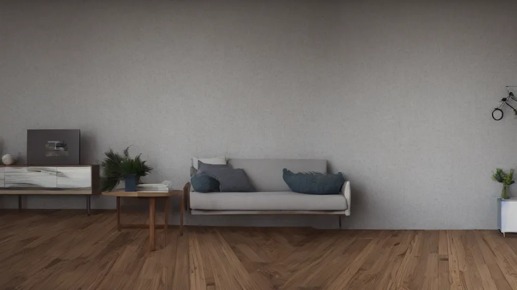 Image similar to living room, wooden floor, concrete wall, contemporary furniture, photorealistic render in octane