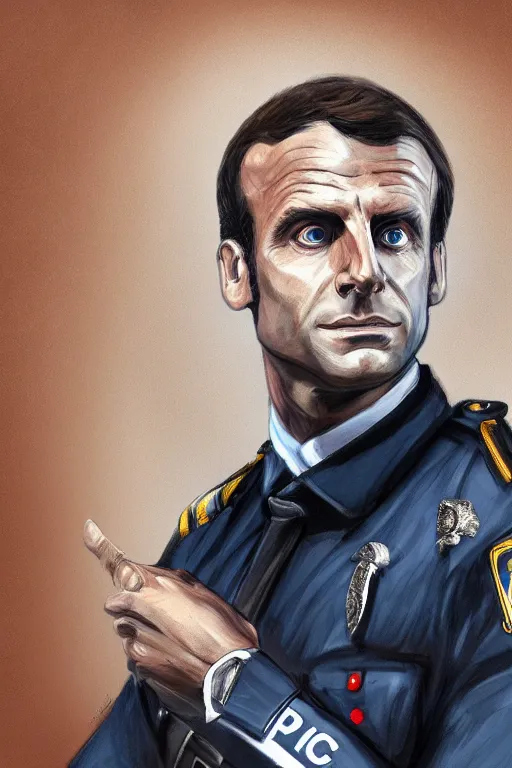 Image similar to emmanuel macron police officer, highly detailed, digital art, sharp focus, trending on art station